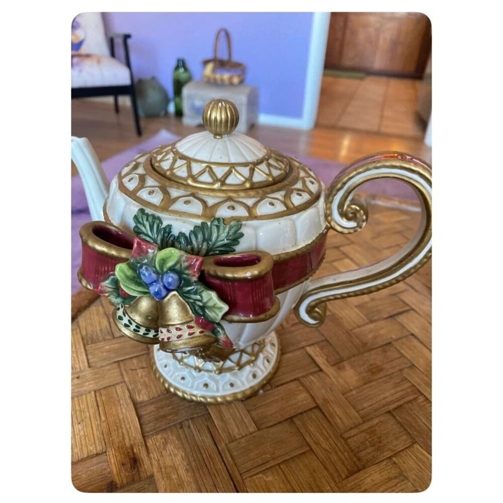Fitz and Floyd Christmas teapot bells and Holly gold trim